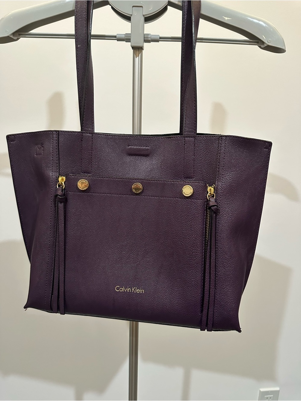 Calvin Klein Deep Purple Leather Tote with Gold Accents
